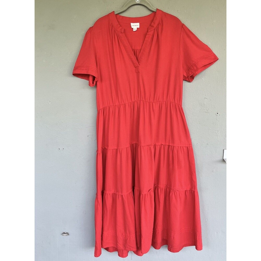 For Cynthia Linen Blend Midi Dress XL Coral A Line Split Neck Boho Coastal